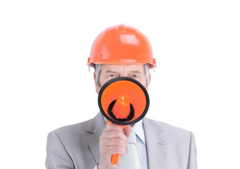 closeup.senior engineer with a megaphone.isolated on white.photo with copy space
