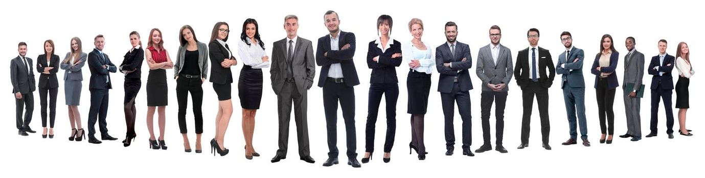 in full growth.boss and his business team standing together. isolated on white background.