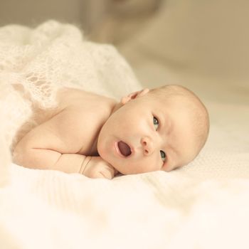 portrait of a newborn baby in the parents ' bed.the photo has a empty space for your text