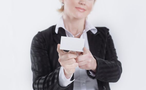 successful business woman showing blank credit card .isolated on white .