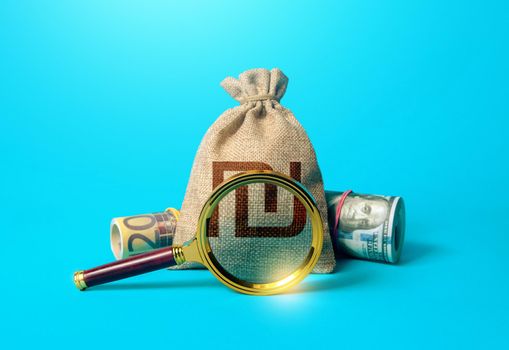 Israeli shekel money bag and magnifying glass. Anti money laundering, tax evasion. Deposit or loan terms and conditions. Find investment funds for business project. Investigating capital origins.