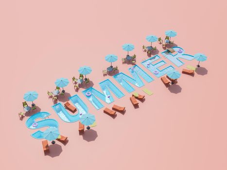 isometric view of the word SUMMER in the shape of a swimming pool with sunshades, tables and sunbeds around it. 3d rendering