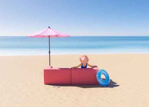 girl sitting on a sofa on a deserted beach with parasol and blue sea view. 3d rendering