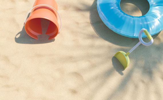 close-up of sand bucket and shovel with inflatable ring on beach sand with palm tree shadow. 3d rendering