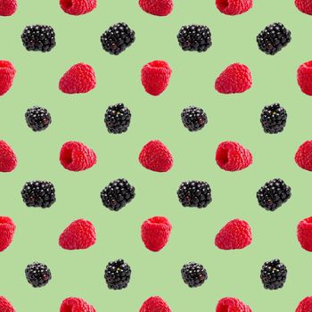Seamless pattern with ripe raspberry and bramble. Berries abstract background. Raspberry and bramble pattern for package design with green background.