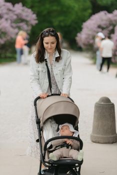 A mother is walking with her baby in the stroller on the territory of the palace. A mom with a baby in the background in the park.