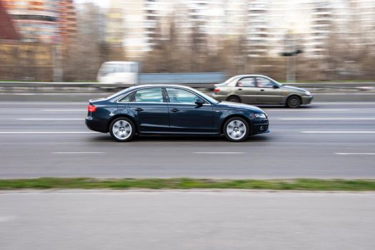Ukraine, Kyiv - 6 April 2021: Blue Audi S4 car moving on the street. Editorial