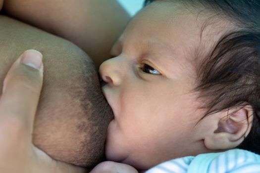 Latin infant breastfeeding directly from her mother's breasts