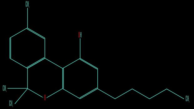 Structural formula of the cannabinol molecule. Black background