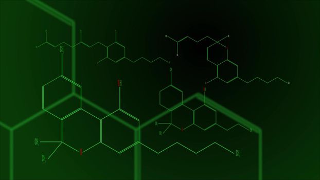 A group of cannabinoid molecules. Black and green gradient background