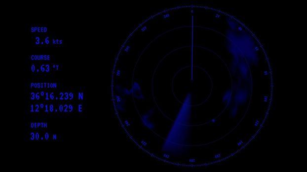 Blue ray running on the sea radar screen, data on display