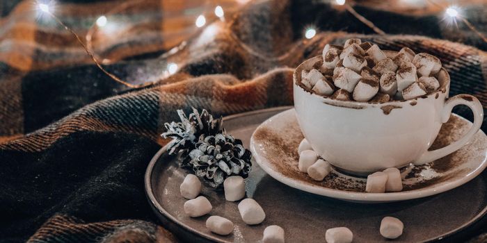 Cup with hot winter cacao and marshmallows on bed. Christmas lights. Pine cones decoration. Cozy winter days. Hygge