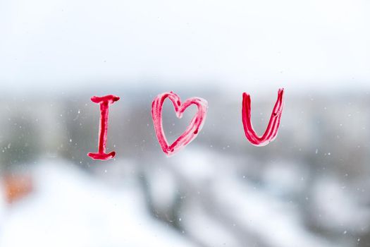 Red heart I LOVE YOU drawn on a window, stay home, quarantine leisure, let's all be well, Valentines day, Love, Romance