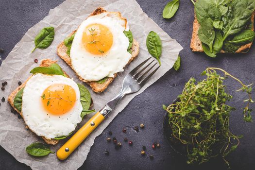 Healthy sandwich with wholegrain toast, fried egg, fresh spinach, thyme on rustic stone background. Egg sandwich for morning breakfast. Clean healthy eating concept. Vegetarian lunch/snack. Top view
