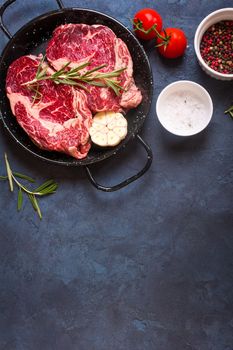 Raw juicy steaks with seasonings in a pan ready for roasting on rustic concrete background. Fresh marbled meat steaks with herbs, garlic, olive oil, pepper, salt and tomatoes. Space for text. Top view