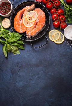 Raw fresh fish with vegetables ready to cook. Raw salmon steak with lemon and spices in a pan. Ingredients for cooking on a concrete background. Space for text. Diet and healthy food. Fish background