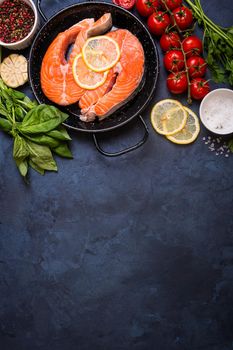 Raw fresh fish with vegetables ready to cook. Raw salmon steak with lemon and spices in a pan. Ingredients for cooking on a concrete background. Space for text. Diet and healthy food. Fish background