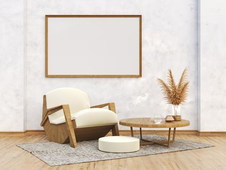 Mock up poster frame with big wooden armchair in modern interior background 3D render 3D illustration
