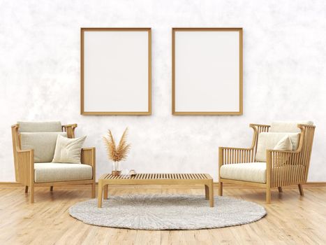 Mock up poster frames with two wooden armchairs in modern interior background 3D render 3D illustration