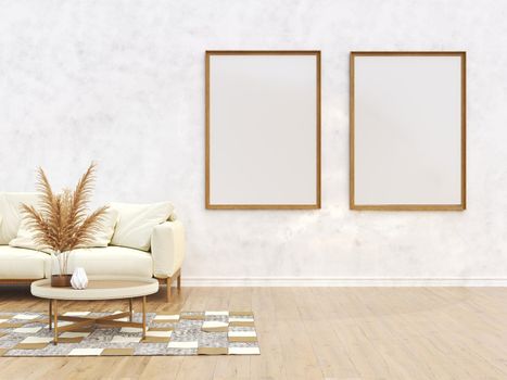 Mock up poster frames with patchwork carpet in modern interior background 3D render 3D illustration