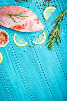Fresh fish tilapia ready to cook. Raw fish with herbs, lemon, salt, pepper on wooden rustic background. Ingredients for cooking or making healthy dinner. Fish background. Space for text. Diet/healthy