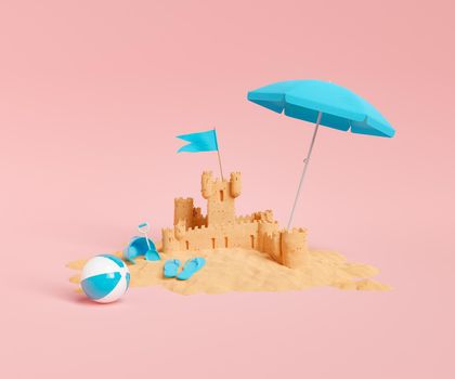sand castle with sunshade and beach toys around on red studio background. 3d rendering