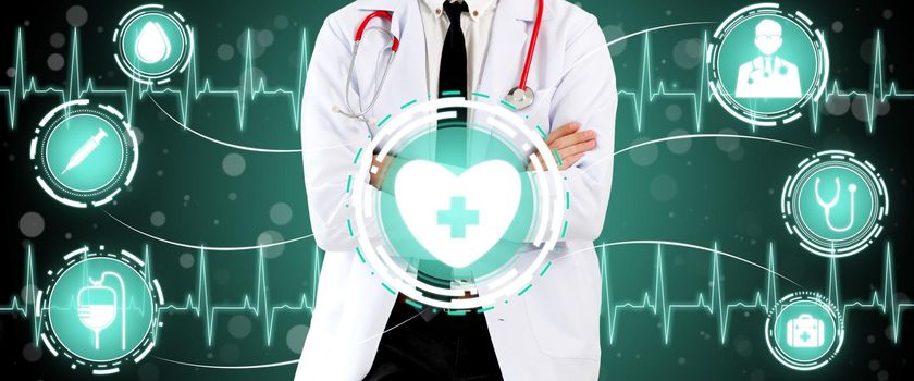 Medical Healthcare Concept - Doctor in hospital with digital medical icons graphic banner showing symbol of medicine, medical care people, emergency service network, doctor data of patient health.