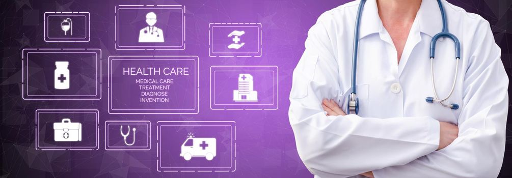 Medical Healthcare Concept - Doctor in hospital with digital medical icons graphic banner showing symbol of medicine, medical care people, emergency service network, doctor data of patient health.