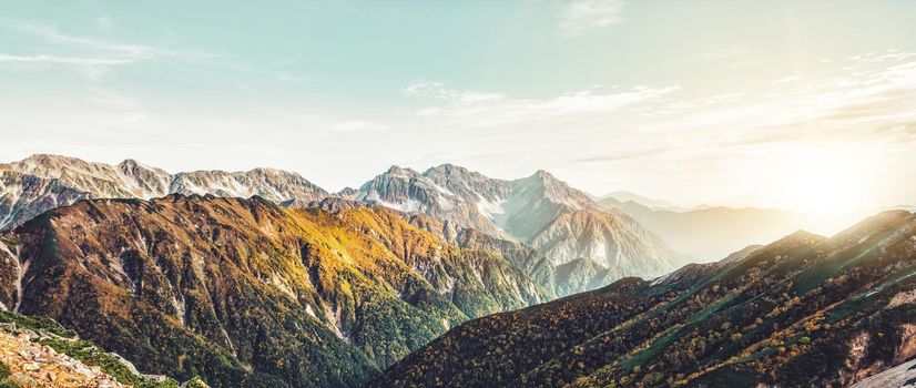 Panoramic mountain scenery landscape of Northern Japan Alps in Nagano, Japan, overlooking mount Yari, Yarigadake. Adventure and mountaineering activity concept.