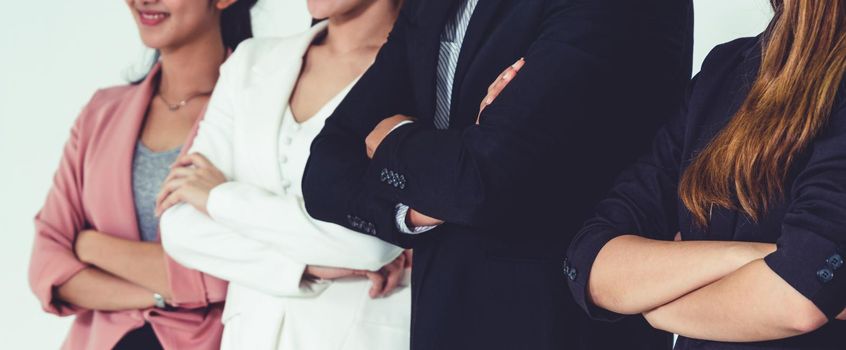 Businesswomen and businessman standing in row in office. Corporate business and teamwork concept.