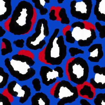 Seamless hand drawn pattern with patriotic leopard cheetah background. American US 4th fourth of July independence day fabric print. Blue red white design for party celebration fashion textile