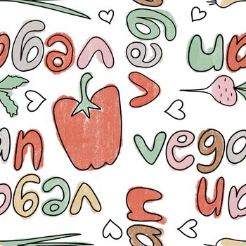 Hand drawn seamless pattern with vegetables veggies vegan vegetarian design. Tomato potato carrot cabbage leek onion bell papper fabric print. Retro vintage kitchen textile background, healthy food concept