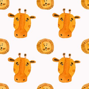 Seamless watercolor pattern of round lion and giraffe muzzles. Cute funny pattern for kids in orange.