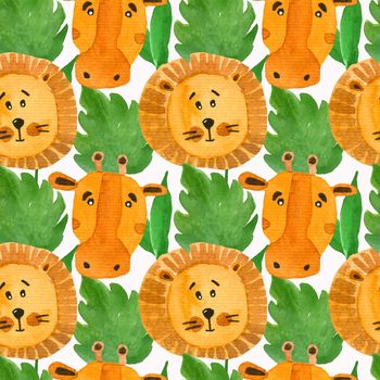 Watercolor safari animals seamless pattern. Floral seamless background. Watercolor african animals for kids. Jungle baby animals.