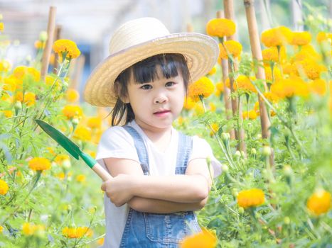 Cute little girl in hat holding garden tool shovel for planting flowers in the garden. A child helps mom in the garden, a little gardener.