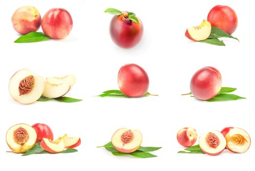 Set of fresh peaches fruits isolated on a white background cutout