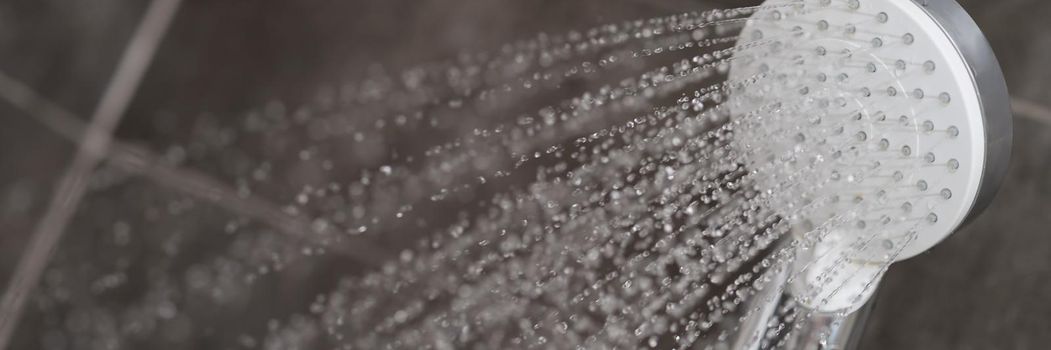 A stream of water is pouring from the shower head, close-up. Plumbing in the bathroom, clean water