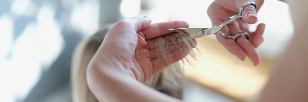 Hairdresser cuts woman's hair with scissors, hand close-up, blurry. Beauty salon services during a pandemic