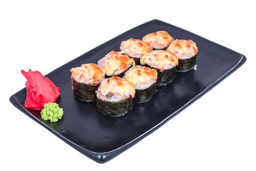 Japanese Cuisine - Sushi Roll with Shrimps and Conger, Avocado, Tobiko and Cheese. sushi rolls tempura,japanese food style