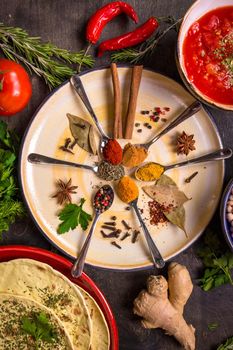 Assorted spices, herbs, chick-pea, lentil, basmati and wild rice mix, tomato chutney and pita on colorful plates. Top view. Spices and different food. Indian/ayurvedic food...