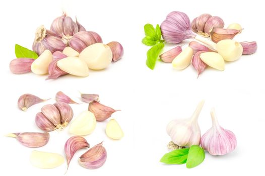 Collage of Clove garlic isolated over a white background