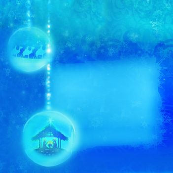 Christian Christmas nativity scene of baby Jesus in transparent ball hanging on abstract background