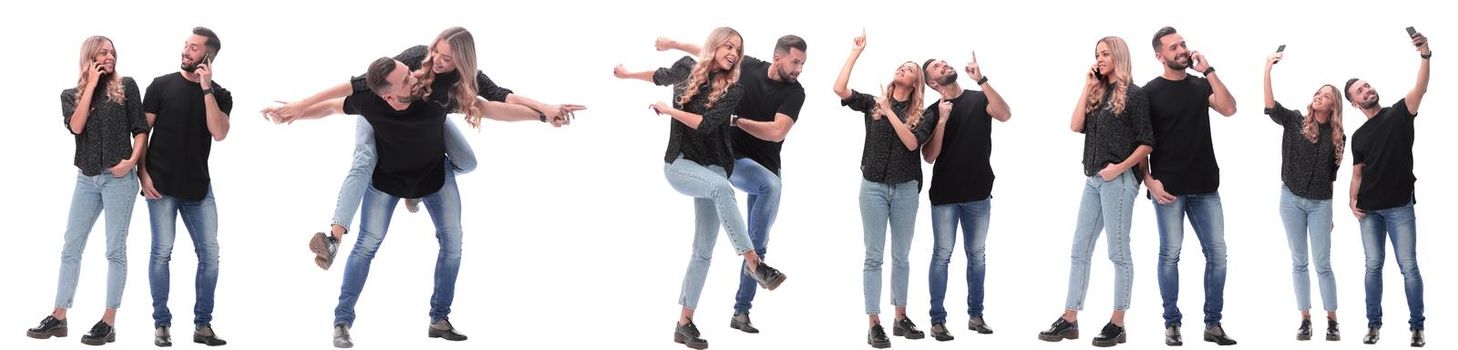 collage of photos of a couple of happy young people . isolated on a white background