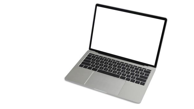 Computer laptop with blank screen isolated on white background. Empty display ready for your webpage or design.