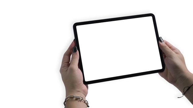 Hands holding tablet isolated on white background. Empty display ready for your webpage or design.