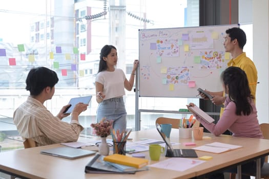 Young businessman with assistant giving presentation to colleagues in meeting.