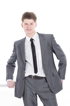 young businessman drawing on white wall.isolated on a white background