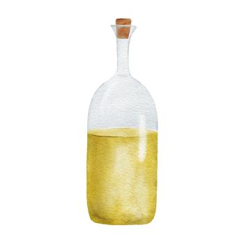Olive oil bottle watercolor illustration. Hand drawn painting graphic sketch isolated on white. Greece food symbol