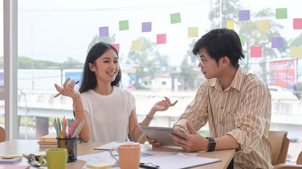 Confident young businesswoman explaining new online project to her colleague.