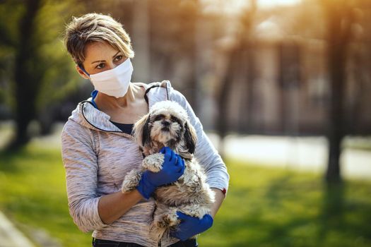 A woman in a medical protective mask is spending time with her dear cute little Shih Tzu dog on the city street path during flu virus outbreak and coronavirus epidemic.
